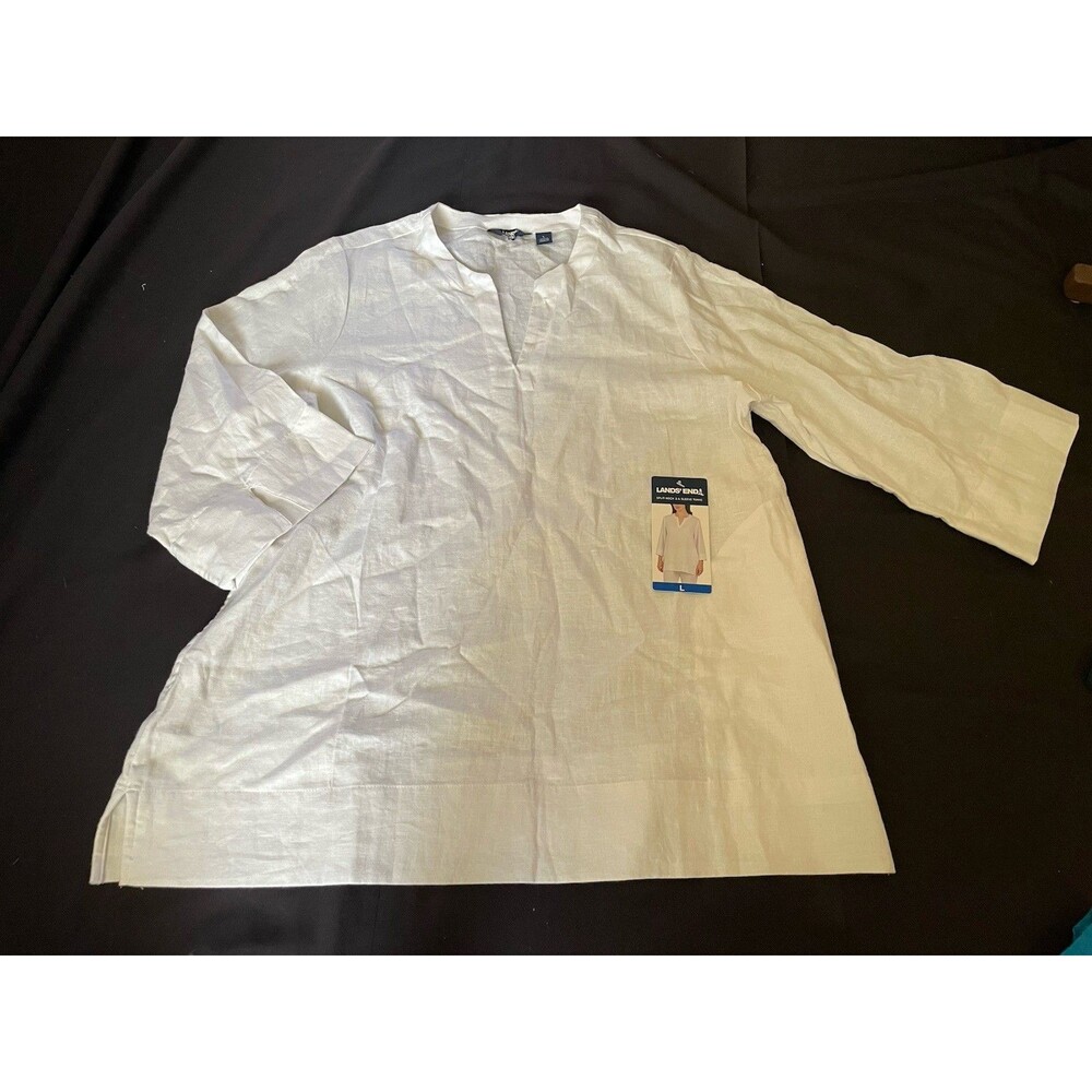 LANDS’ END Tunic White Split Neck Pockets NWT Top Shirt New L